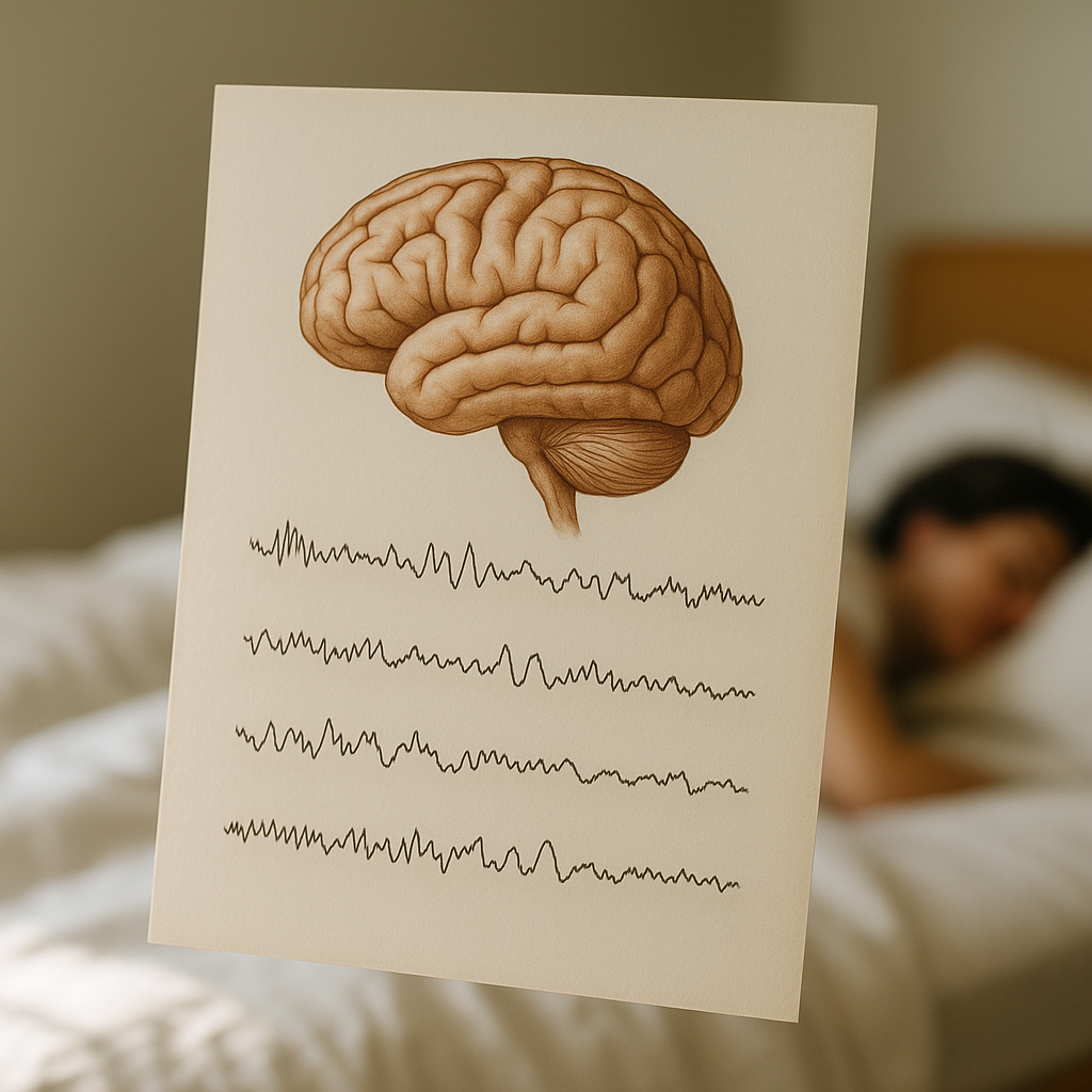 Scientific illustration of brain waves showing dreaming during sleep with colorful neural patterns.