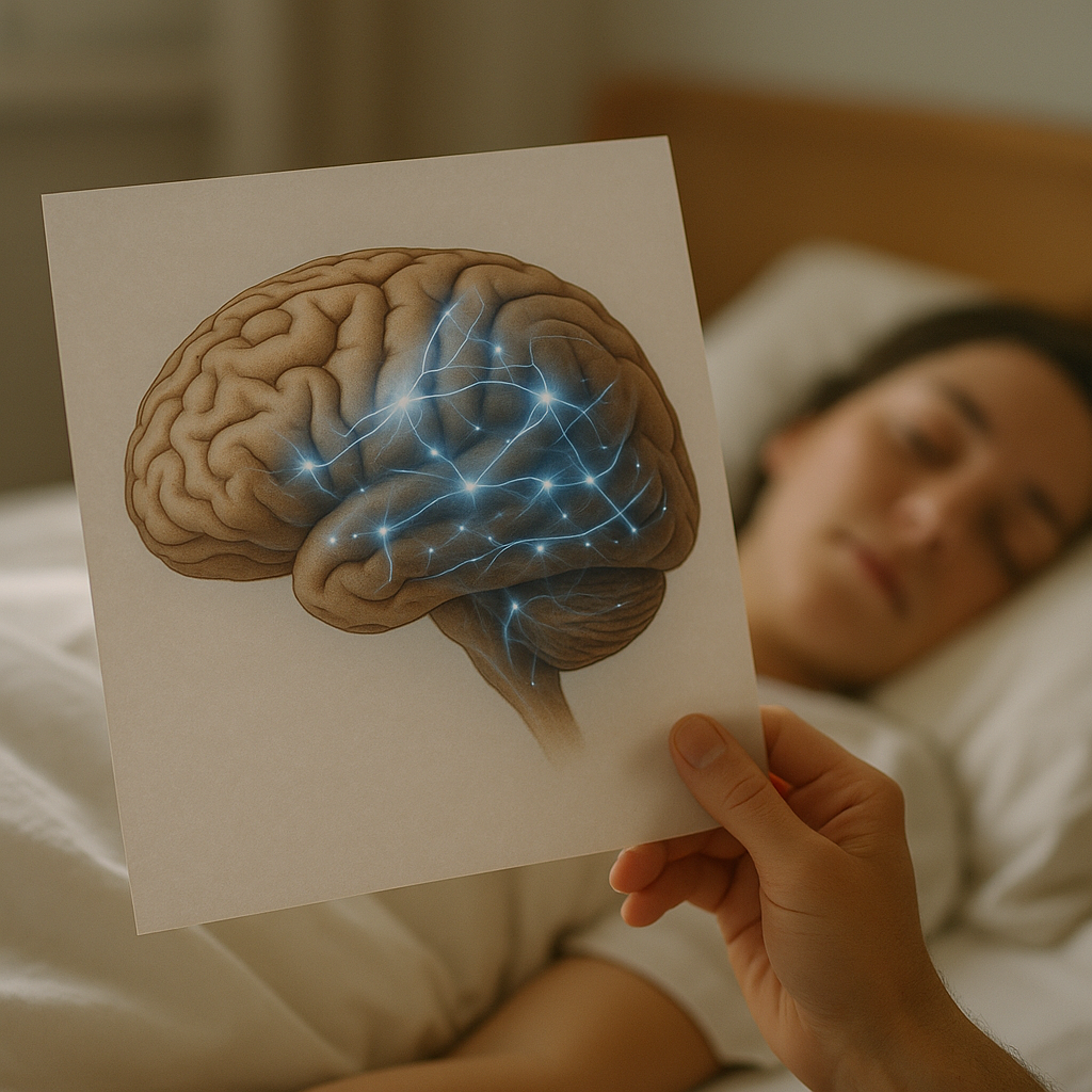 Neuroscience illustration of brain activity during deep sleep shows glowing neural pathways in a blue-toned brain.