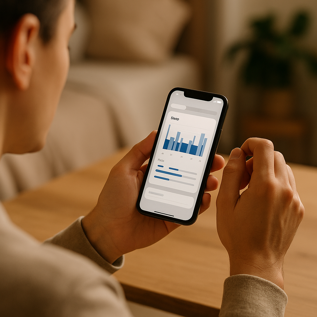 A person analyzing sleep data from a smart ring during National Sleep Month with charts showing sleep stages on a tablet.