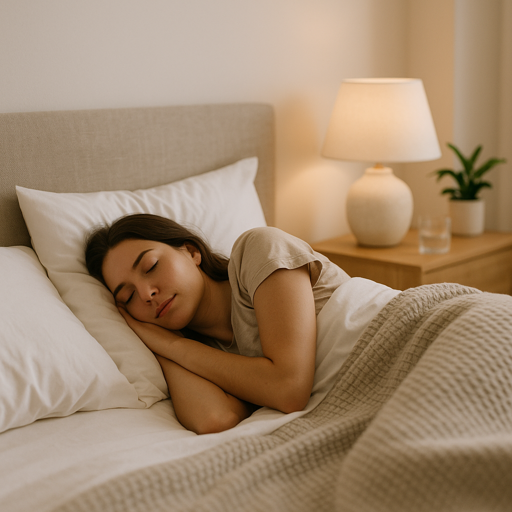 A serene bedroom with soft natural light, a plush bed with white linens, and a blurred background, creating a calm sleep environment.
