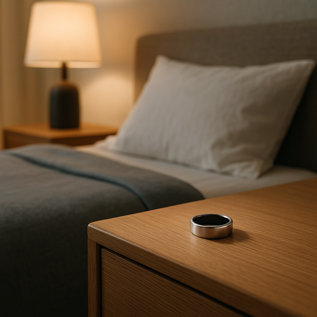 Calm bedroom environment optimized for sleep during National Sleep Month with a smart ring on a nightstand.