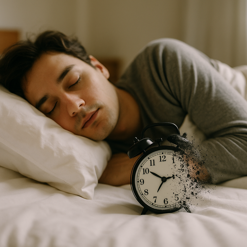 Person sleeping peacefully with a dissolving clock face in a dark bedroom