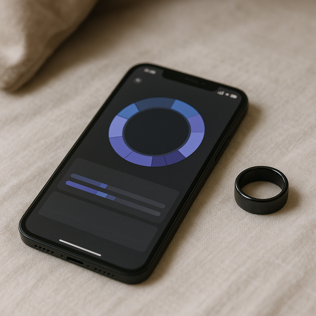 Sleep circle app interface on a smartphone next to a smart ring on a wooden table.
