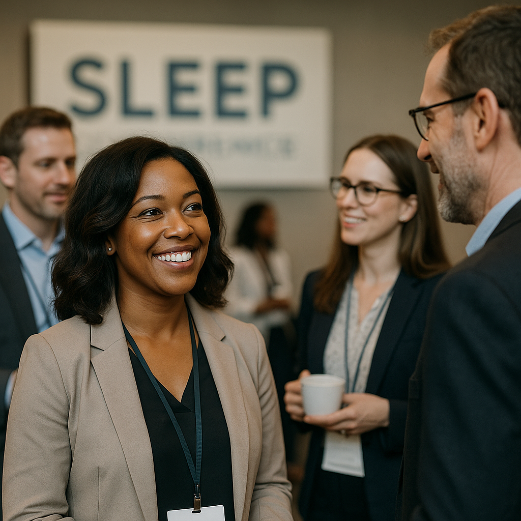 Professionals networking at a meeting sleep conference, standing in a bright conference hall with natural light.