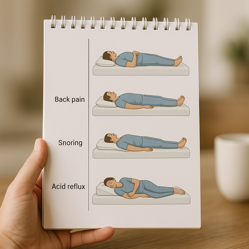 Sleep positions chart showing recommended postures for back pain, snoring, and acid reflux relief.