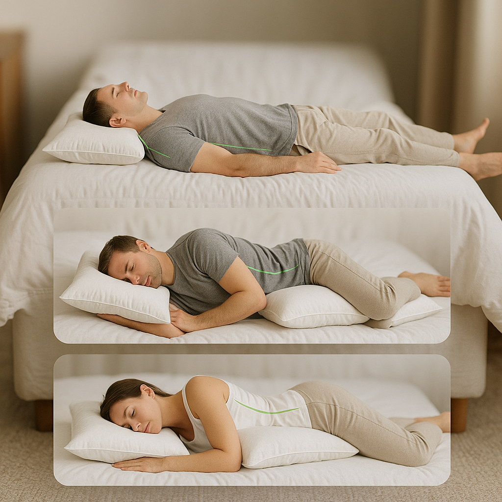 Infographic style sleep positions chart showing correct spinal alignment with pillows on a bed.