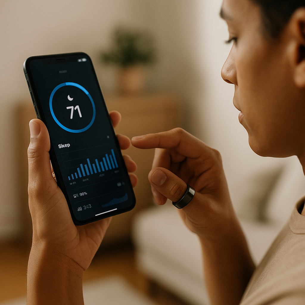 Person looking at smart ring data showing sleep impact factor score on a smartphone screen in a dimly lit bedroom.