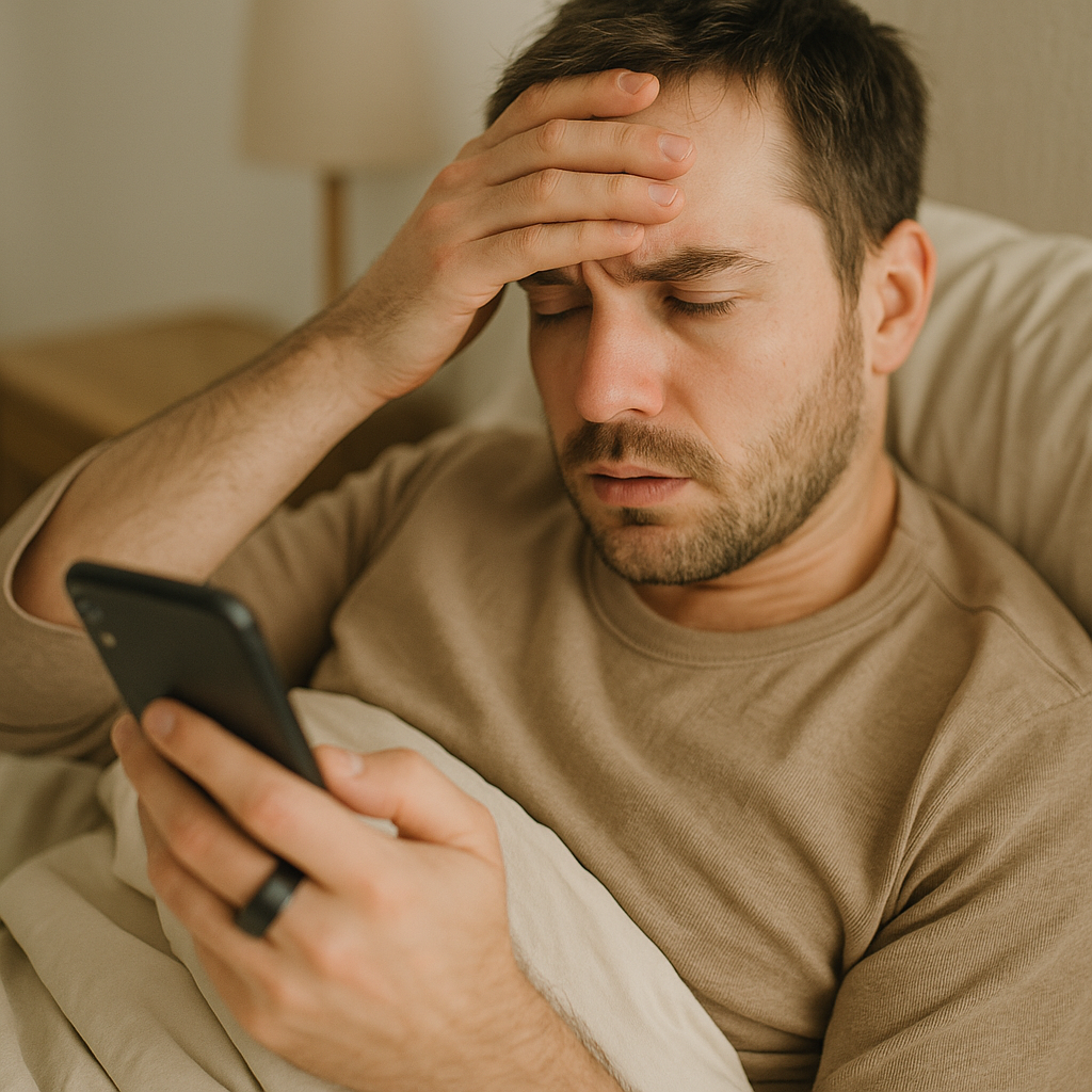 Person feeling sick in bed looks at smart ring data on a phone, exploring if lack of sleep causes fever.