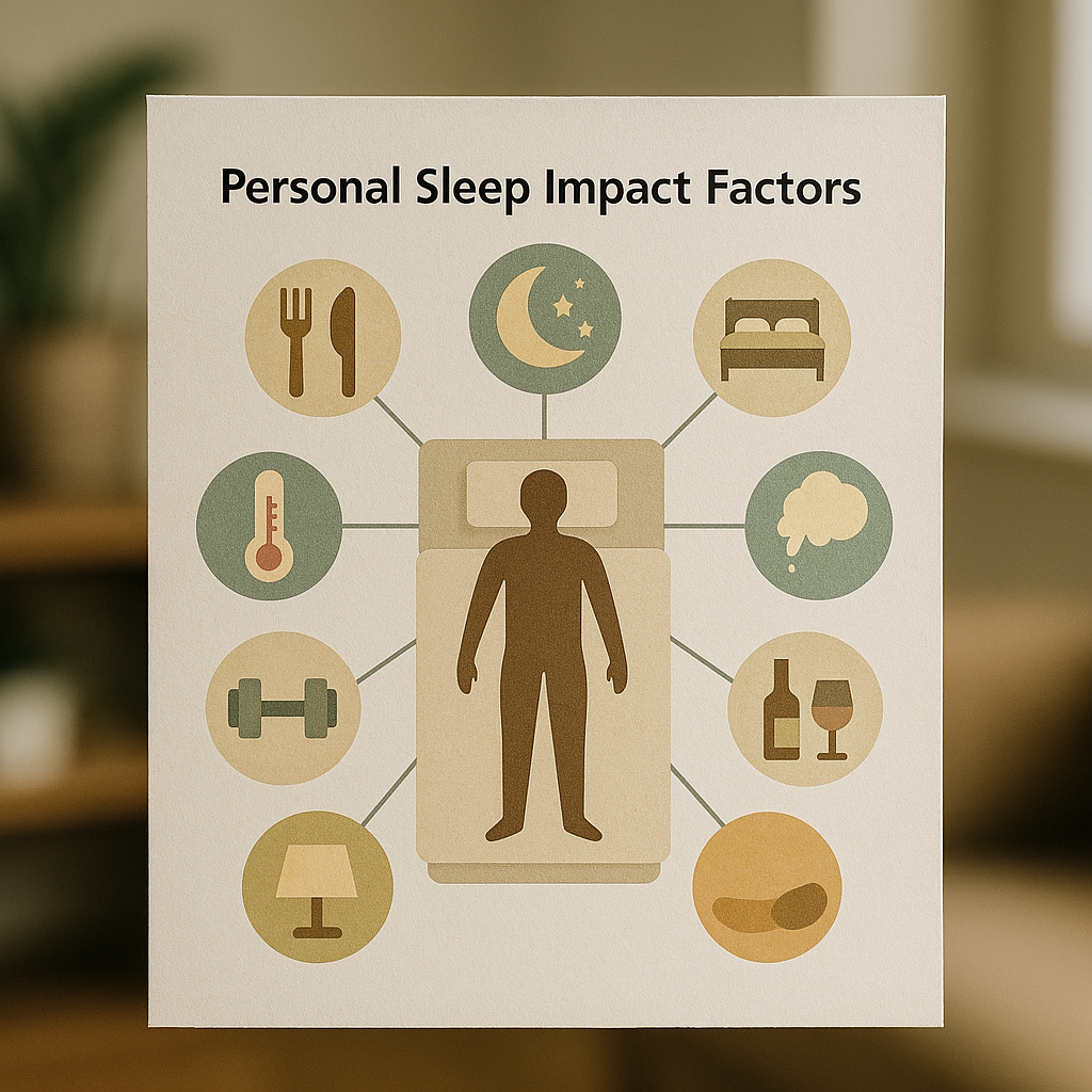 Infographic explaining personal sleep impact factor with icons representing sleep quality and health metrics.
