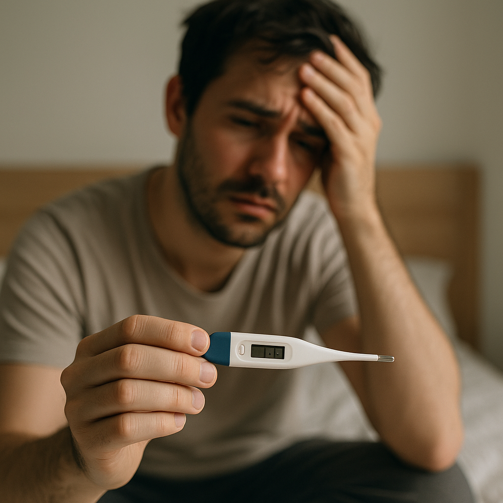 Illustration showing can lack of sleep cause fever with a thermometer and a tired person lying in bed.