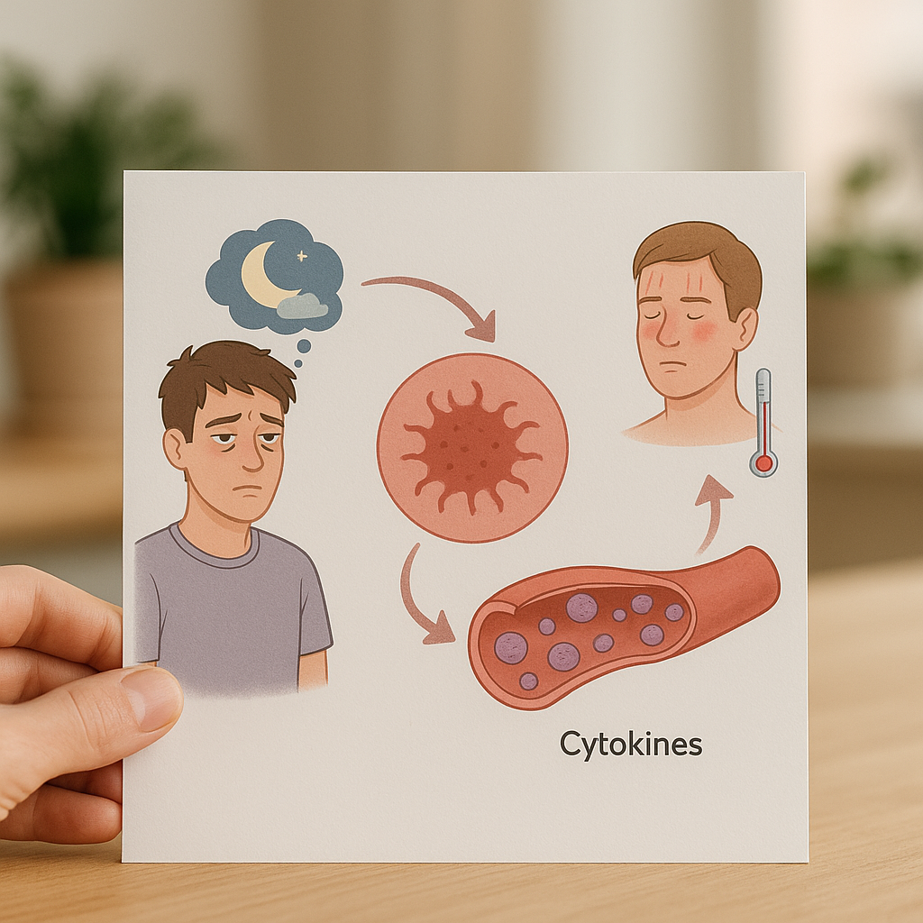 Infographic explaining how lack of sleep causes fever through inflammation and cytokine response