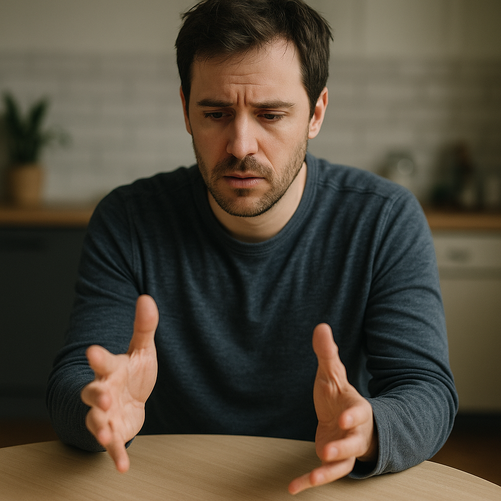 Person with shaky hands wondering if lack of sleep can cause shakiness, resting chin on hand in dimly lit room.