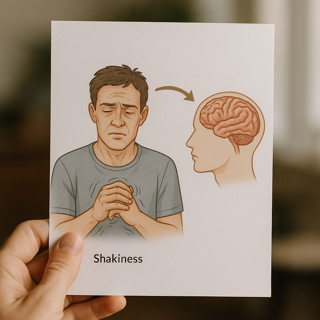 Diagram illustrating how lack of sleep causes shakiness and affects the brain, with soft natural lighting.